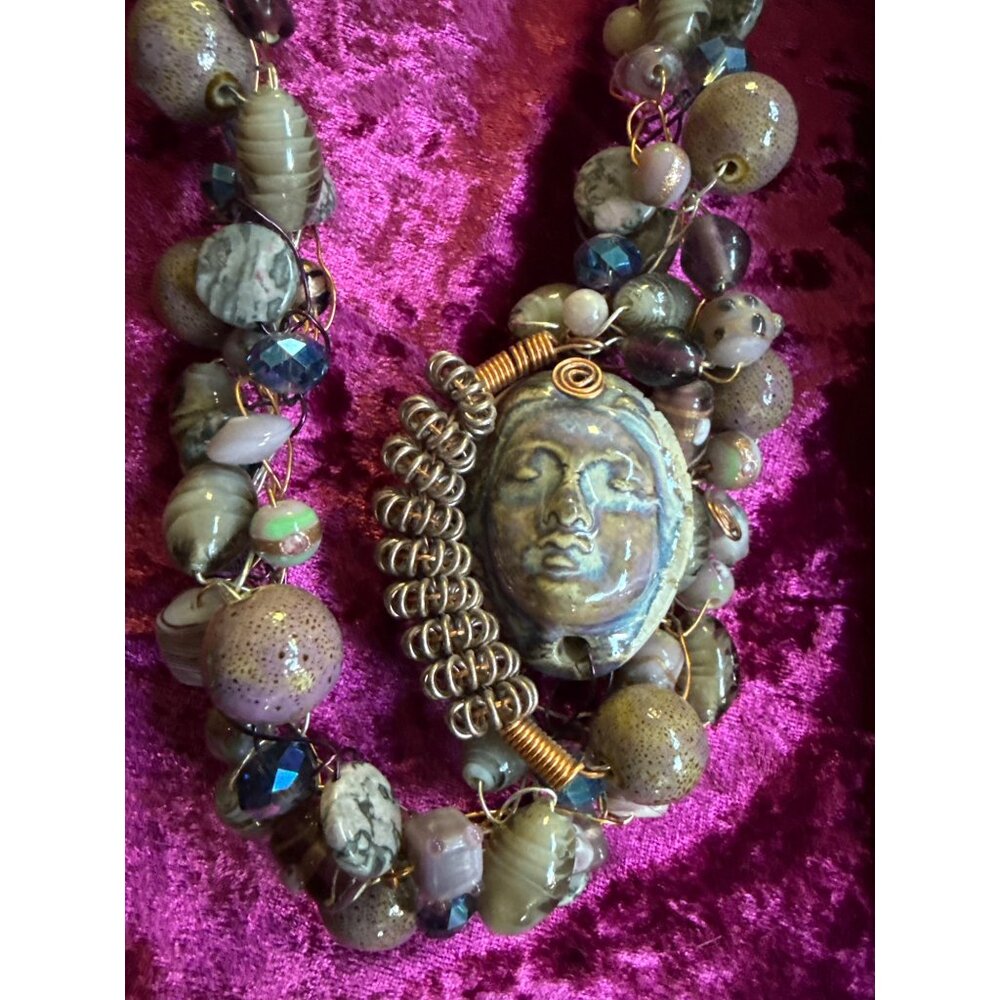 Handcrafted Artisan Beaded Necklace With Ceramic Face Pendant Copper Wire Accent